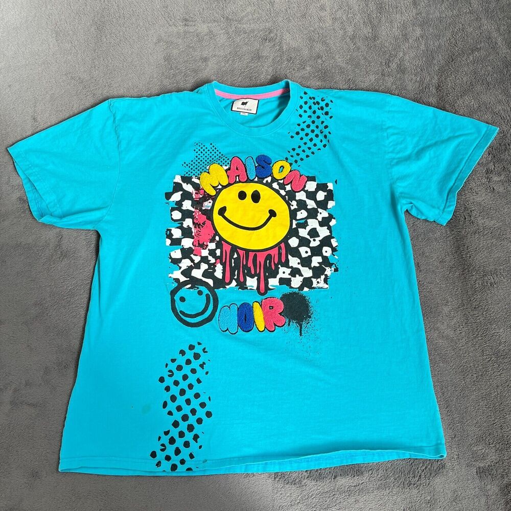 Maison Noir Smiley Face Spray Paint Blue Crewneck Shirt Men's Size 3XL
